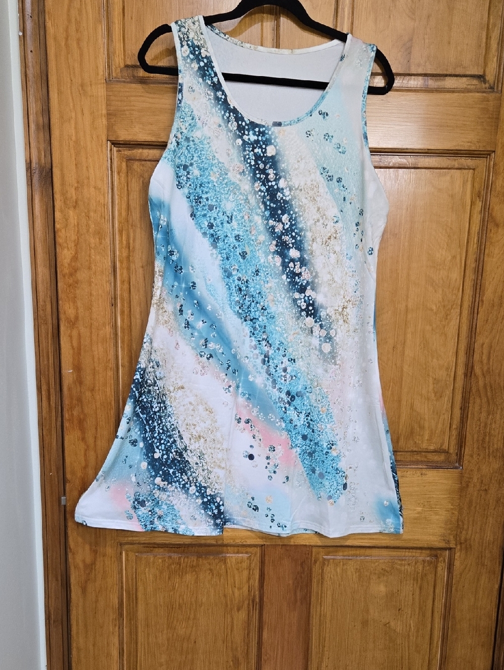 White And Teal Watercolor Print Summer Sleeveless A-line Dress